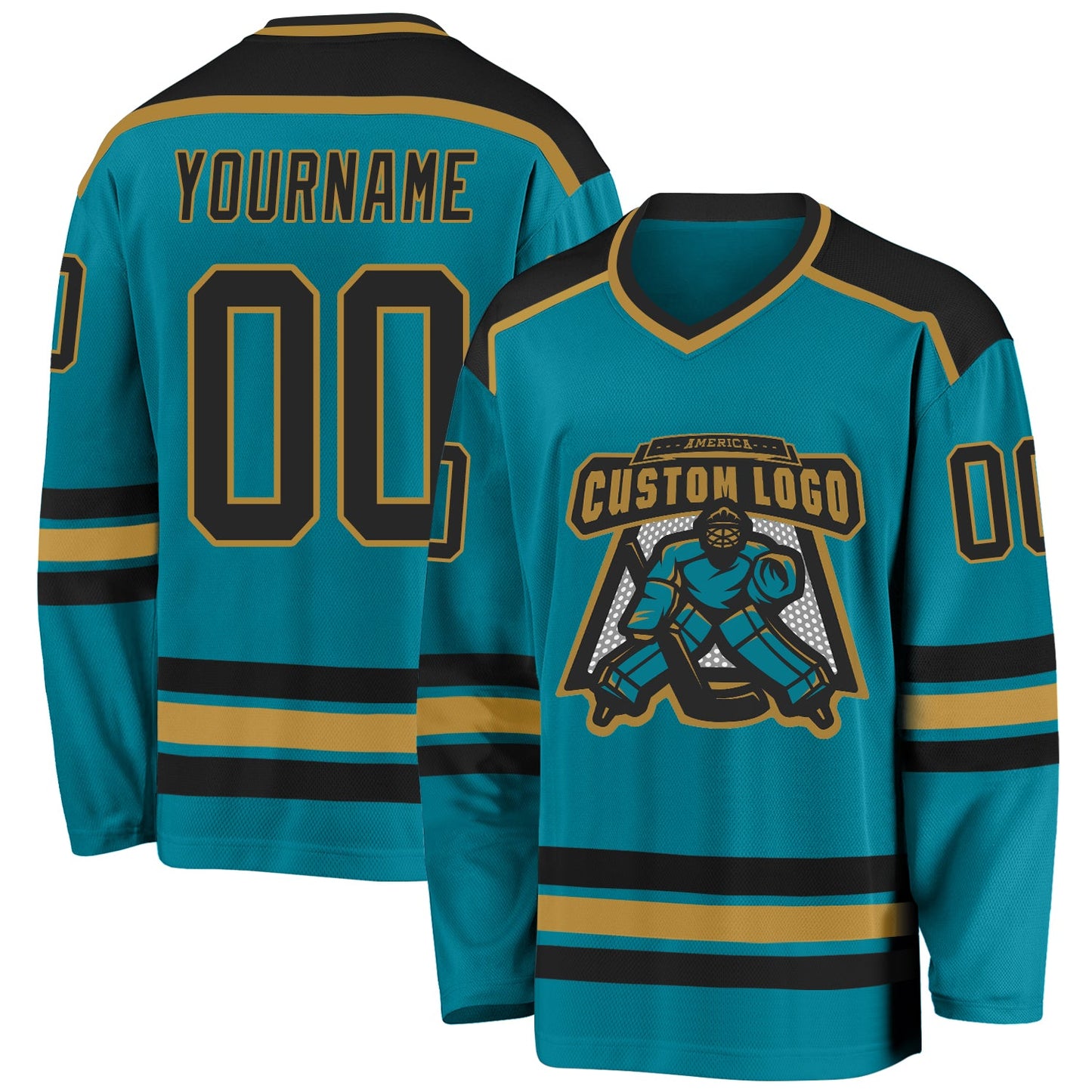 Custom Teal Black-Old Gold Hockey Jersey - Main View