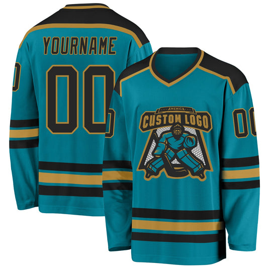 Custom Teal Black-Old Gold Hockey Jersey - Main View