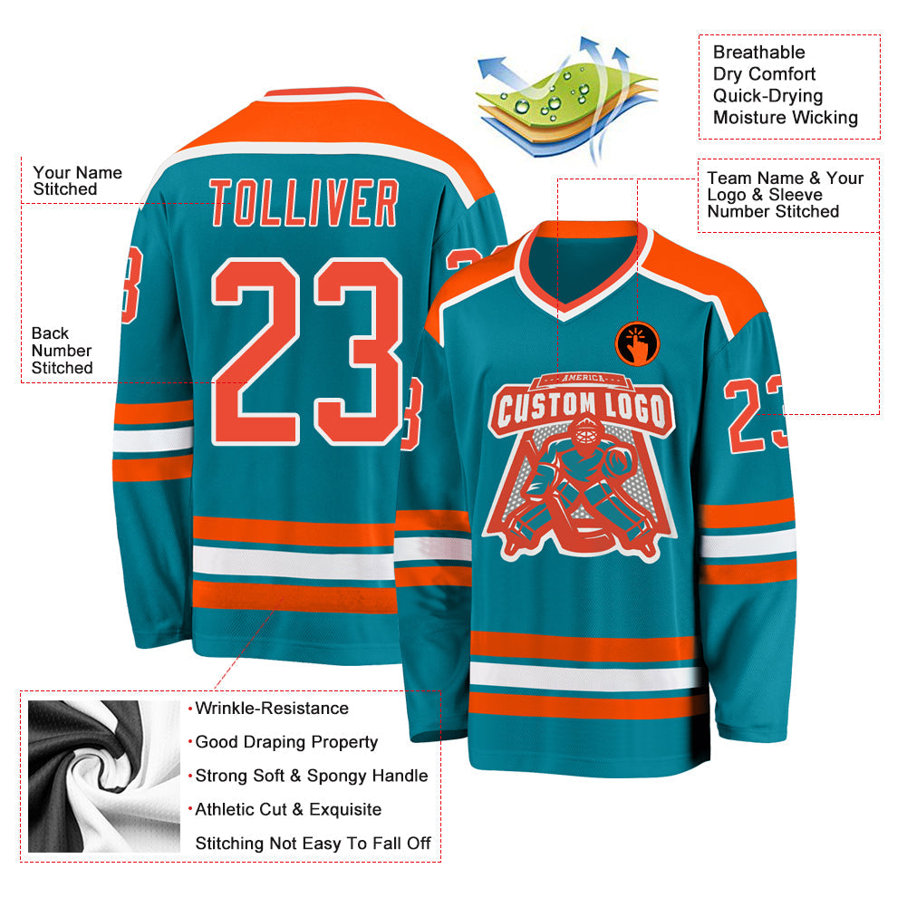 Custom Teal Orange-White Hockey Jersey view 3