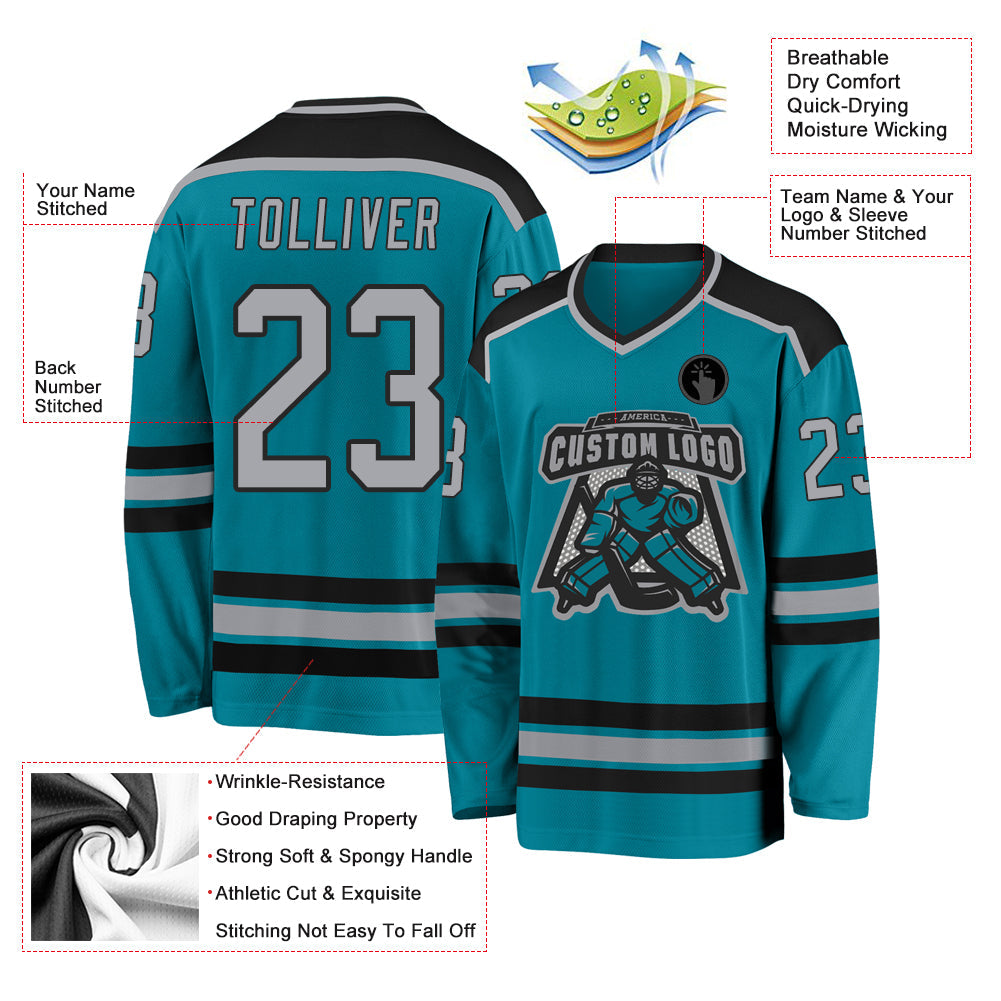Custom Teal Gray-Black Hockey Jersey view 3