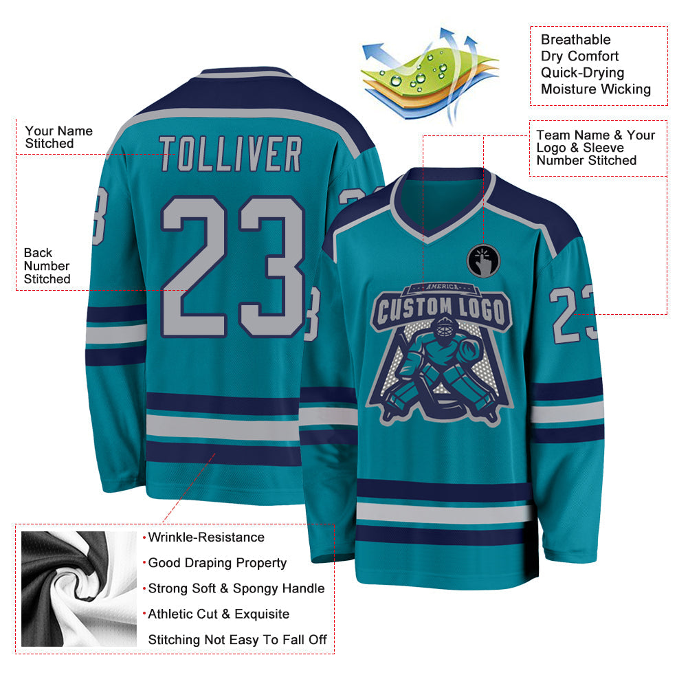 Custom Teal Gray-Navy Hockey Jersey view 3