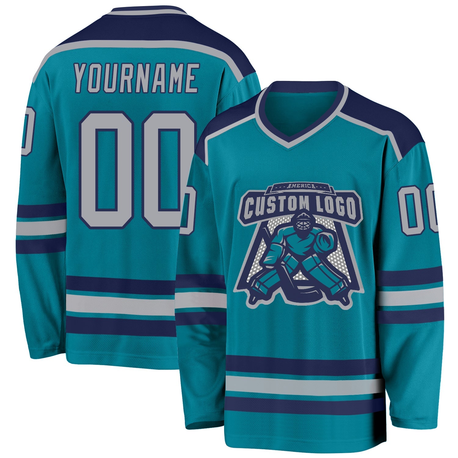 Custom Teal Gray-Navy Hockey Jersey - Main View