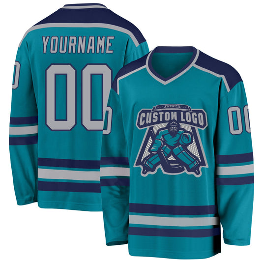 Custom Teal Gray-Navy Hockey Jersey - Main View