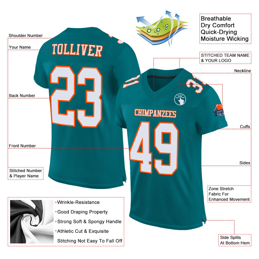 Custom Teal White-Orange Mesh Authentic Football Jersey view 2