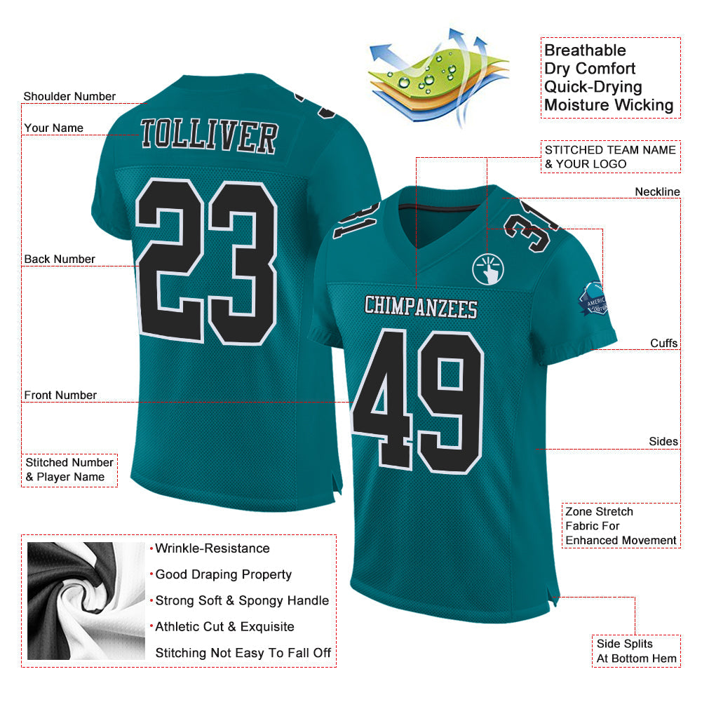 Custom Teal Black-White Mesh Authentic Football Jersey view 2