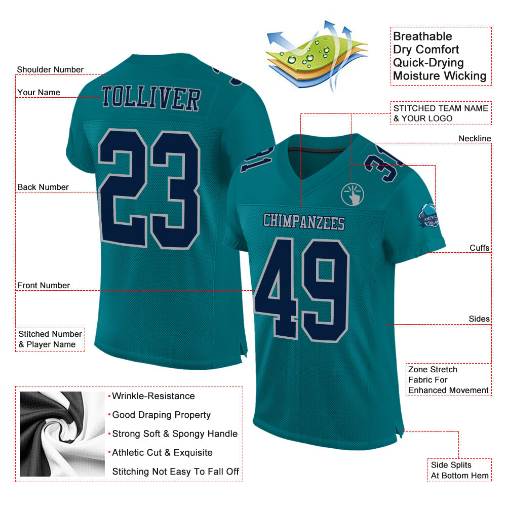 Custom Teal Navy-Gray Mesh Authentic Football Jersey view 2