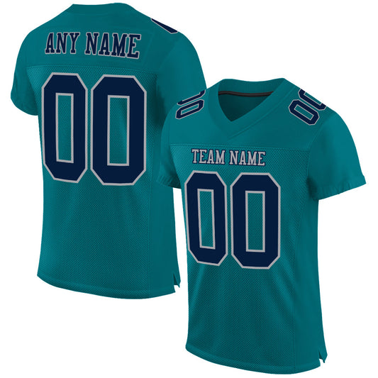 Custom Teal Navy-Gray Mesh Authentic Football Jersey - Main View