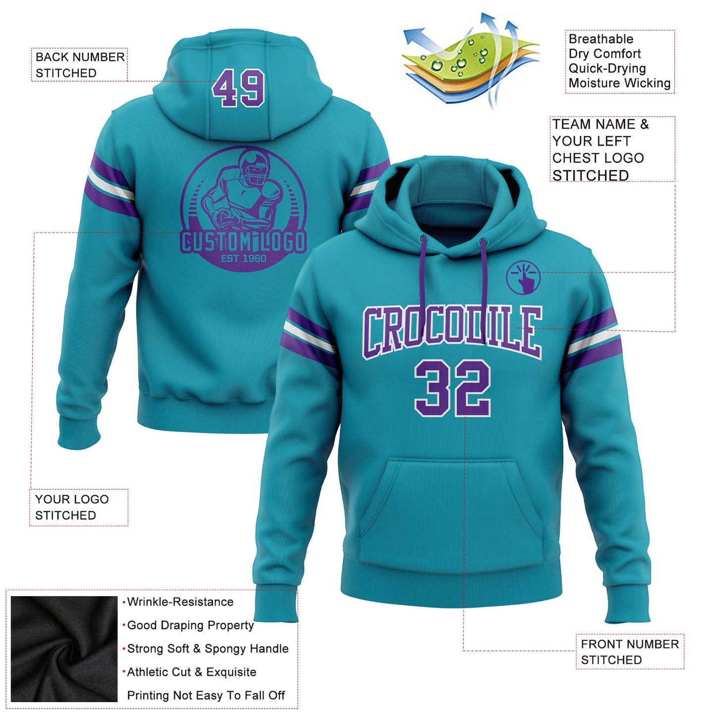 Custom Stitched Teal Purple-White Football Pullover Sweatshirt Hoodie view 2