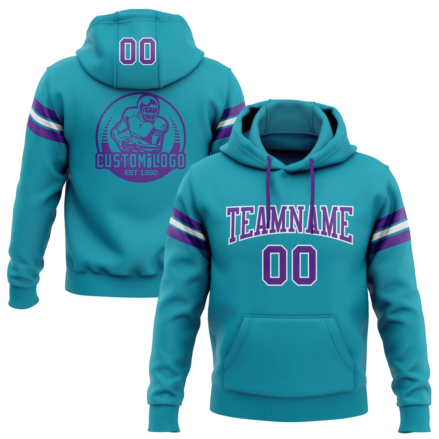Custom Stitched Teal Purple-White Football Pullover Sweatshirt Hoodie - Main View