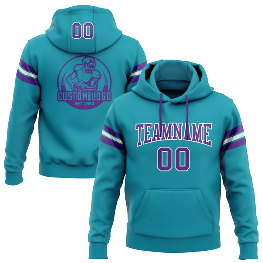 Custom Stitched Teal Purple-White Football Pullover Sweatshirt Hoodie - Main View