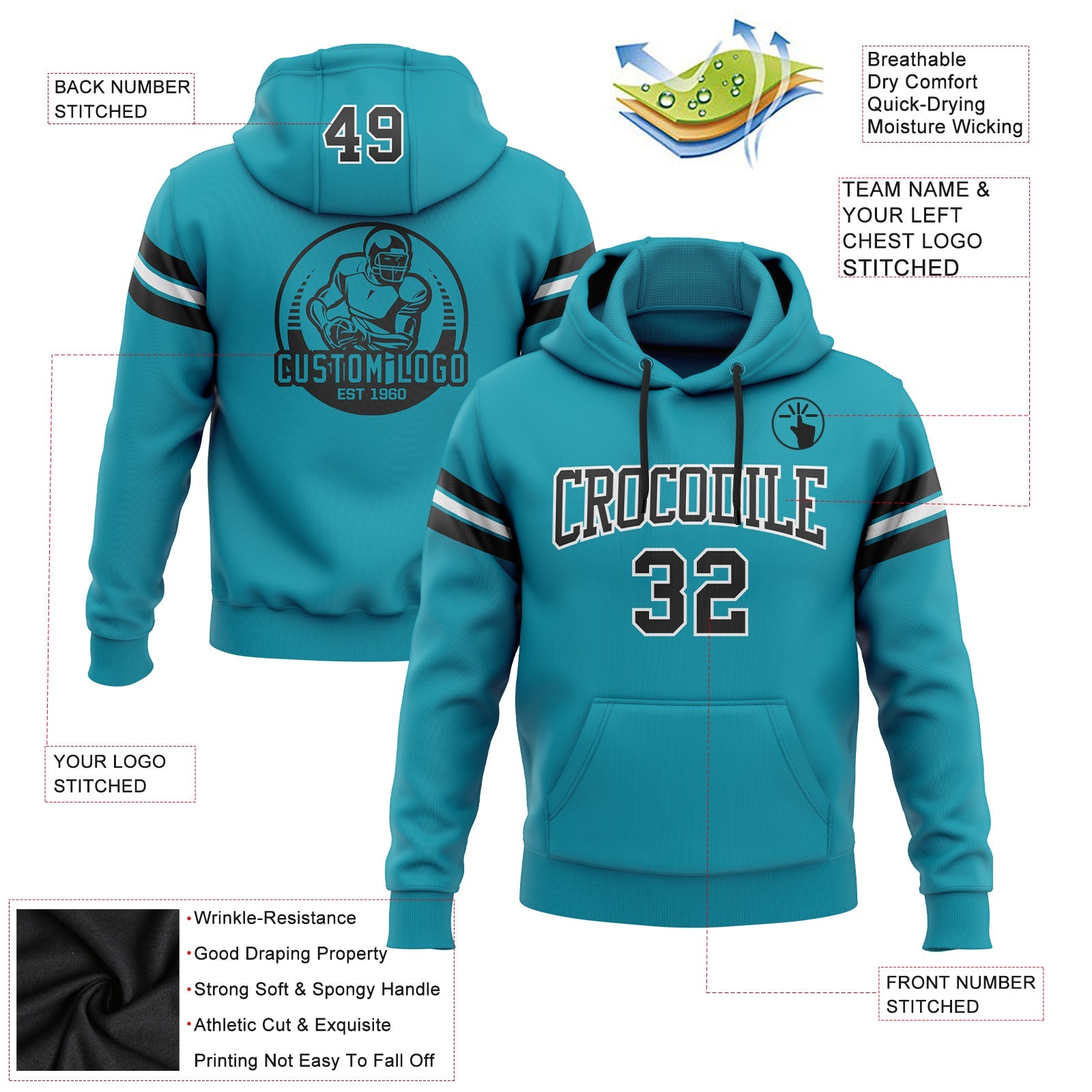 Custom Stitched Teal Black-White Football Pullover Sweatshirt Hoodie view 2