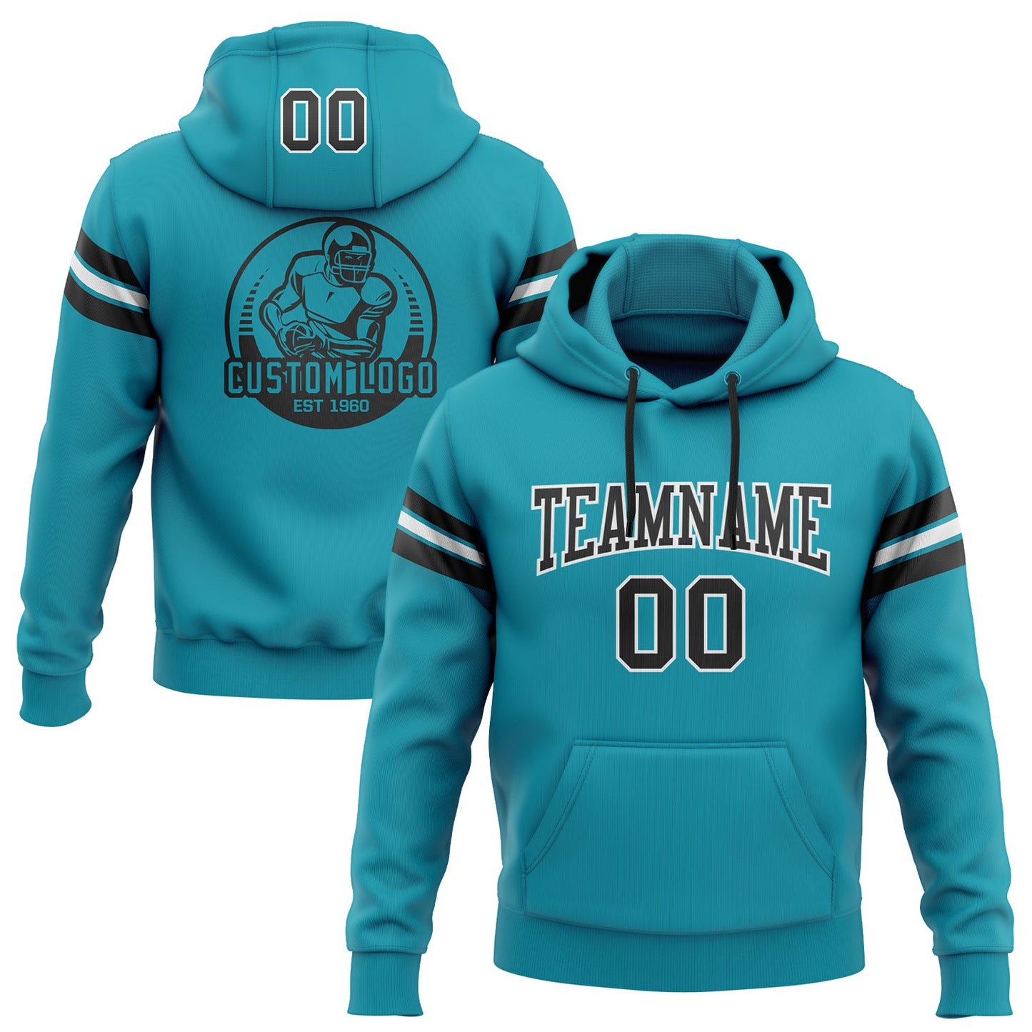 Custom Stitched Teal Black-White Football Pullover Sweatshirt Hoodie - Main View