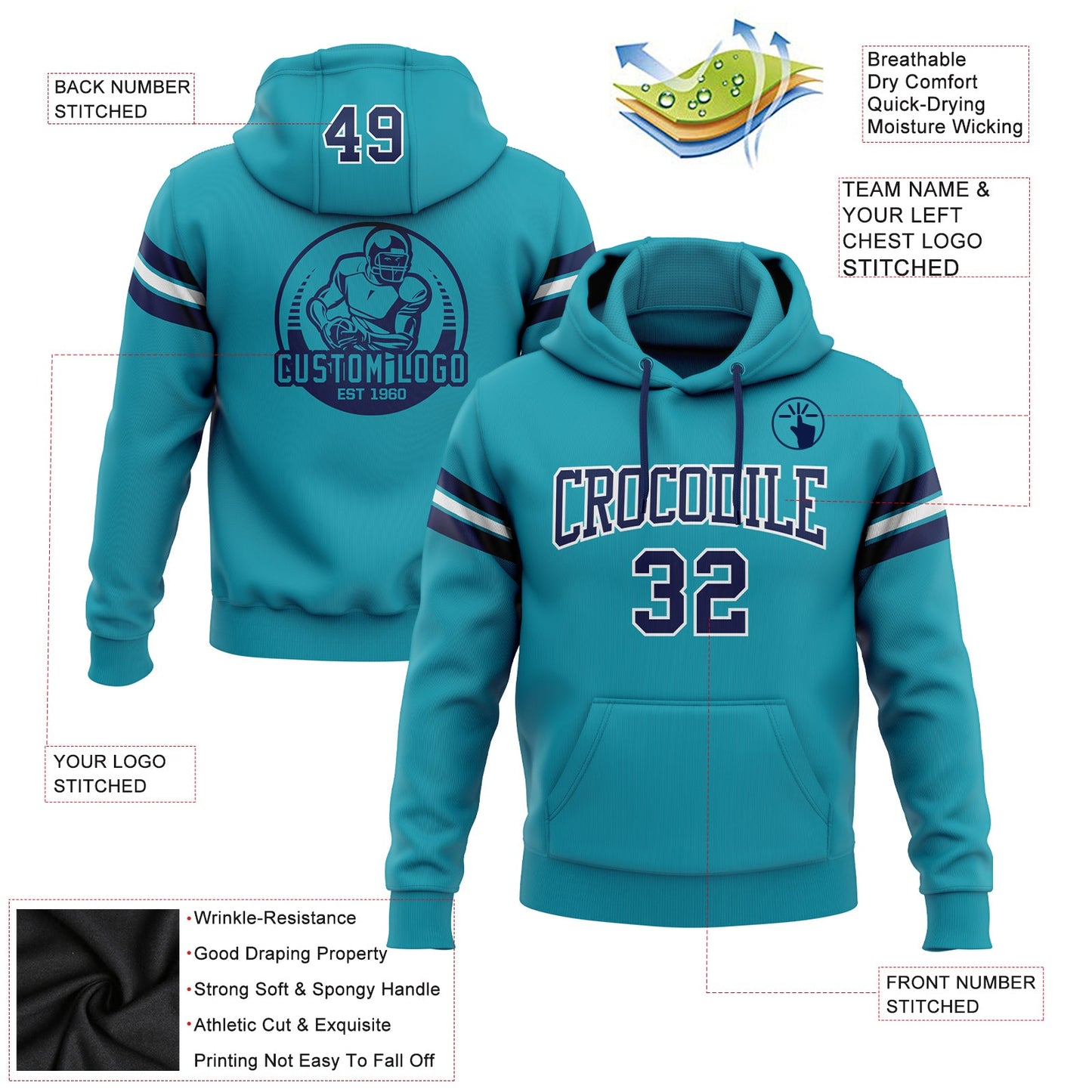 Custom Stitched Teal Navy-White Football Pullover Sweatshirt Hoodie view 2
