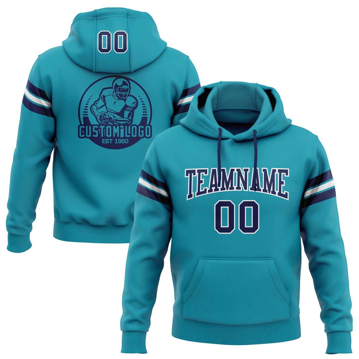 Custom Stitched Teal Navy-White Football Pullover Sweatshirt Hoodie - Main View
