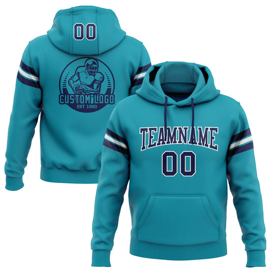 Custom Stitched Teal Navy-White Football Pullover Sweatshirt Hoodie - Main View