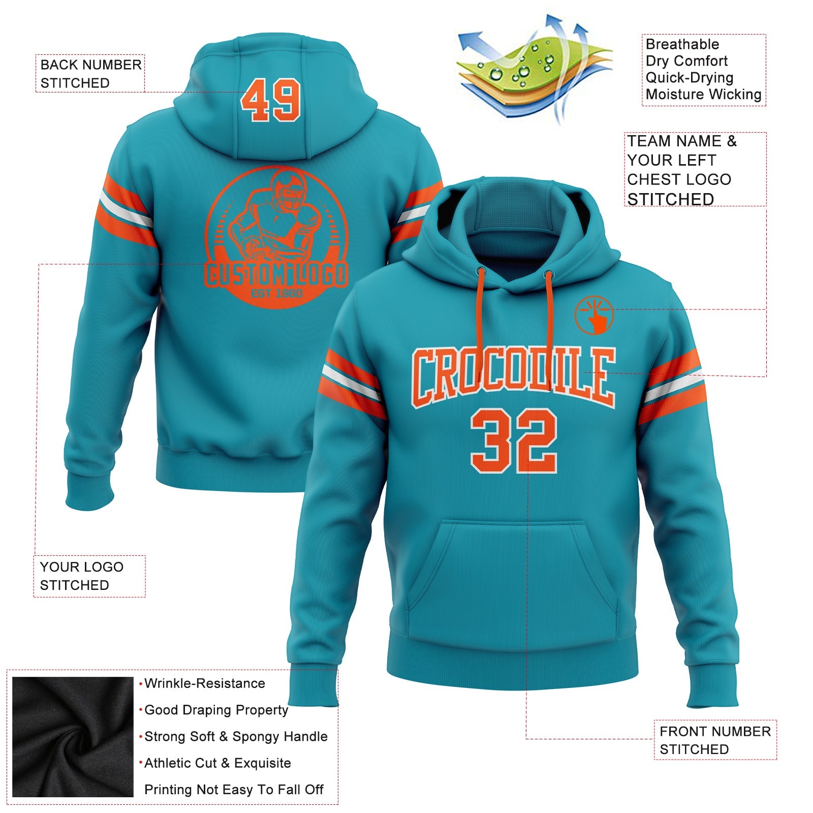 Custom Stitched Teal Orange-White Football Pullover Sweatshirt Hoodie view 2