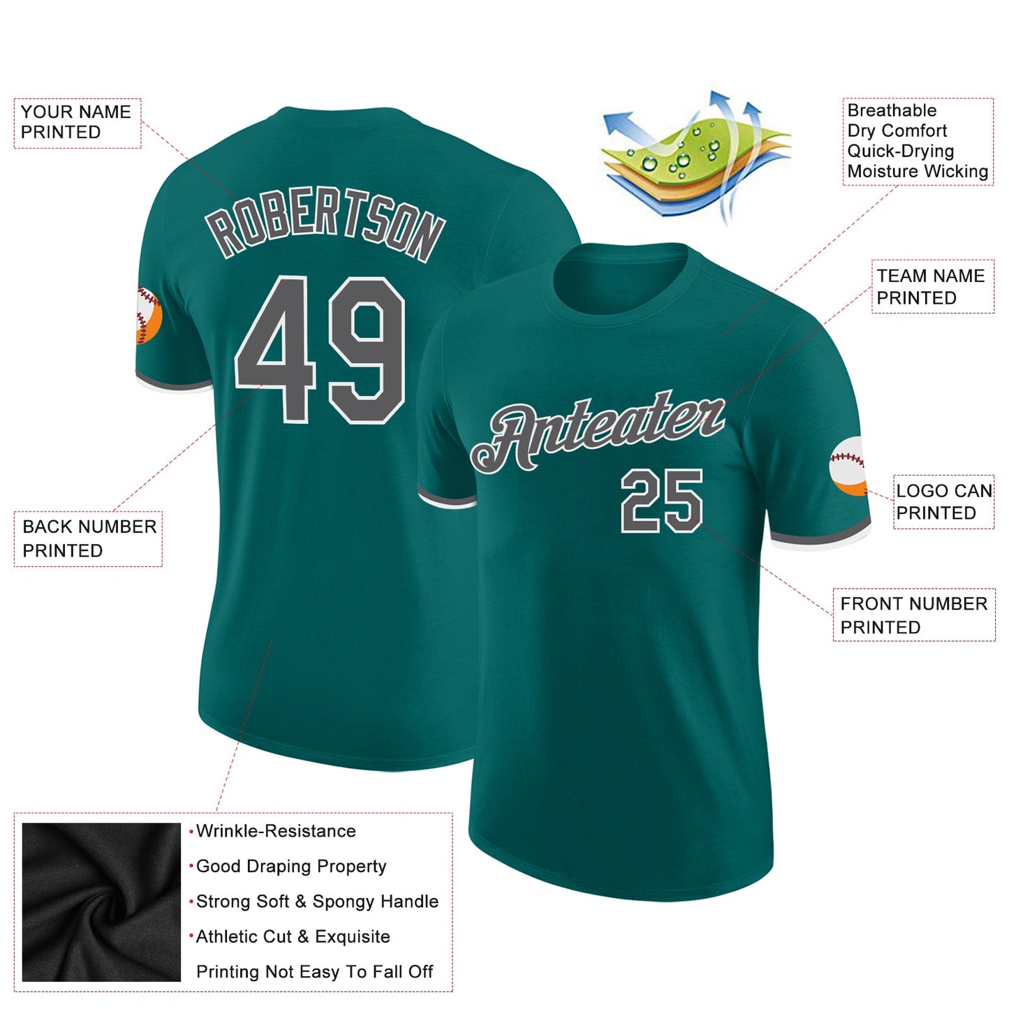Custom Teal Steel Gray-White Performance T-Shirt view 2
