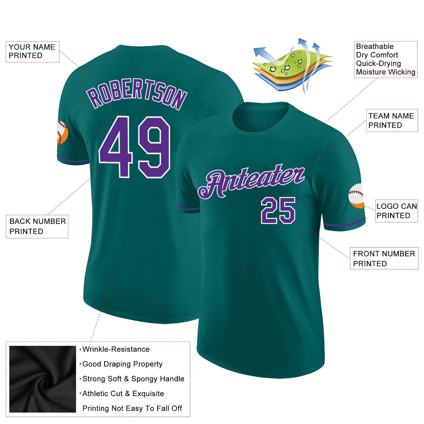 Custom Teal Purple-White Performance T-Shirt view 2