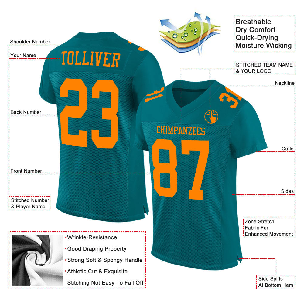 Custom Teal Bay Orange Mesh Authentic Football Jersey view 2
