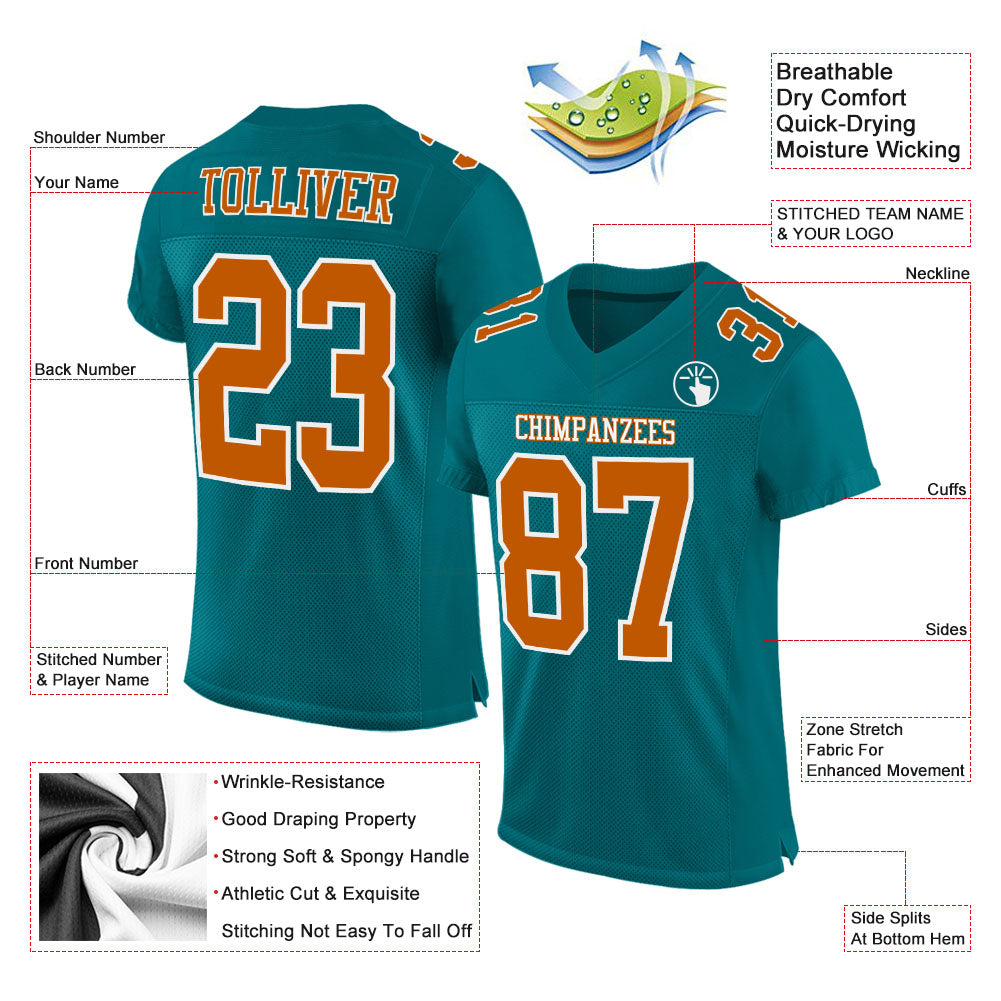 Custom Teal Texas Orange-White Mesh Authentic Football Jersey view 2