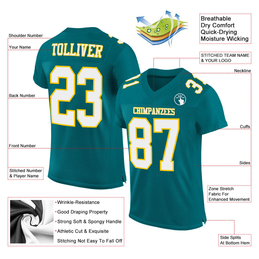 Custom Teal White-Gold Mesh Authentic Football Jersey view 2