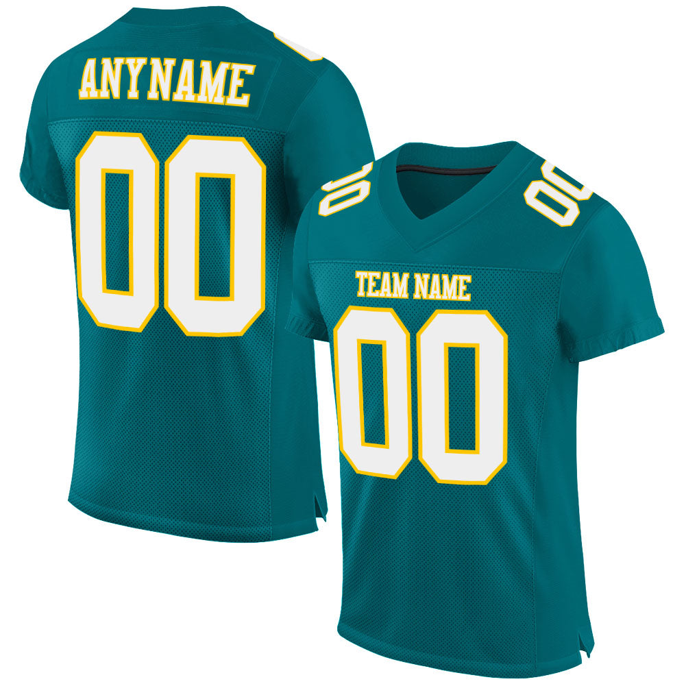Custom Teal White-Gold Mesh Authentic Football Jersey - Main View