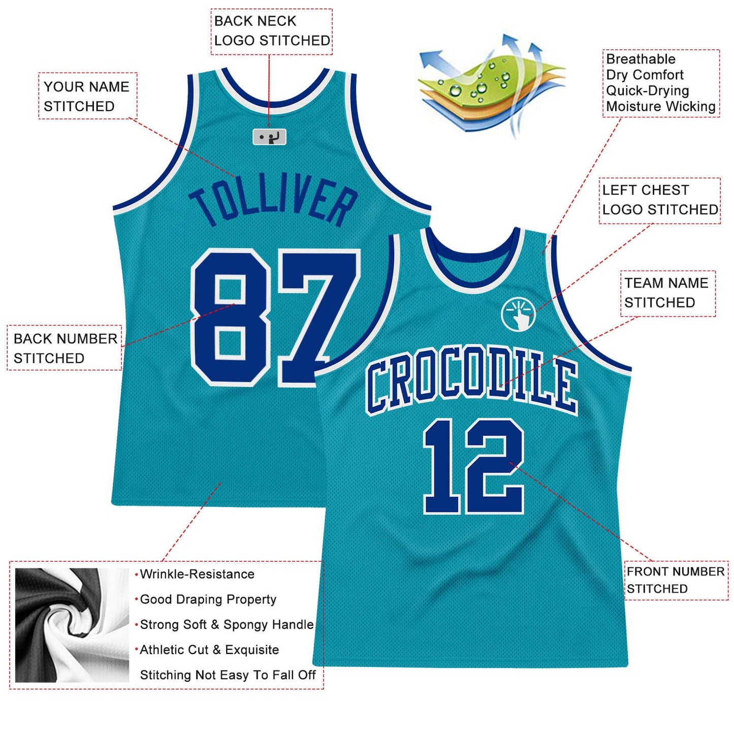 Custom Teal Royal-White Authentic Throwback Basketball Jersey view 2