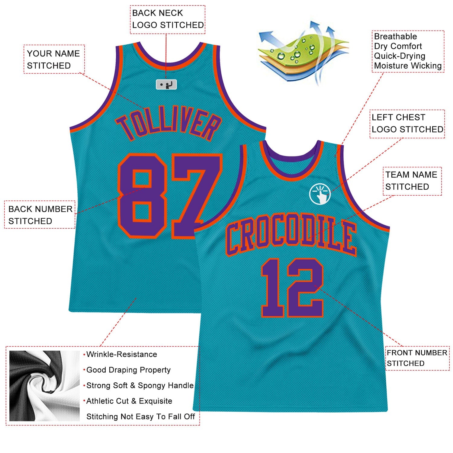 Custom Teal Purple-Orange Authentic Throwback Basketball Jersey view 2