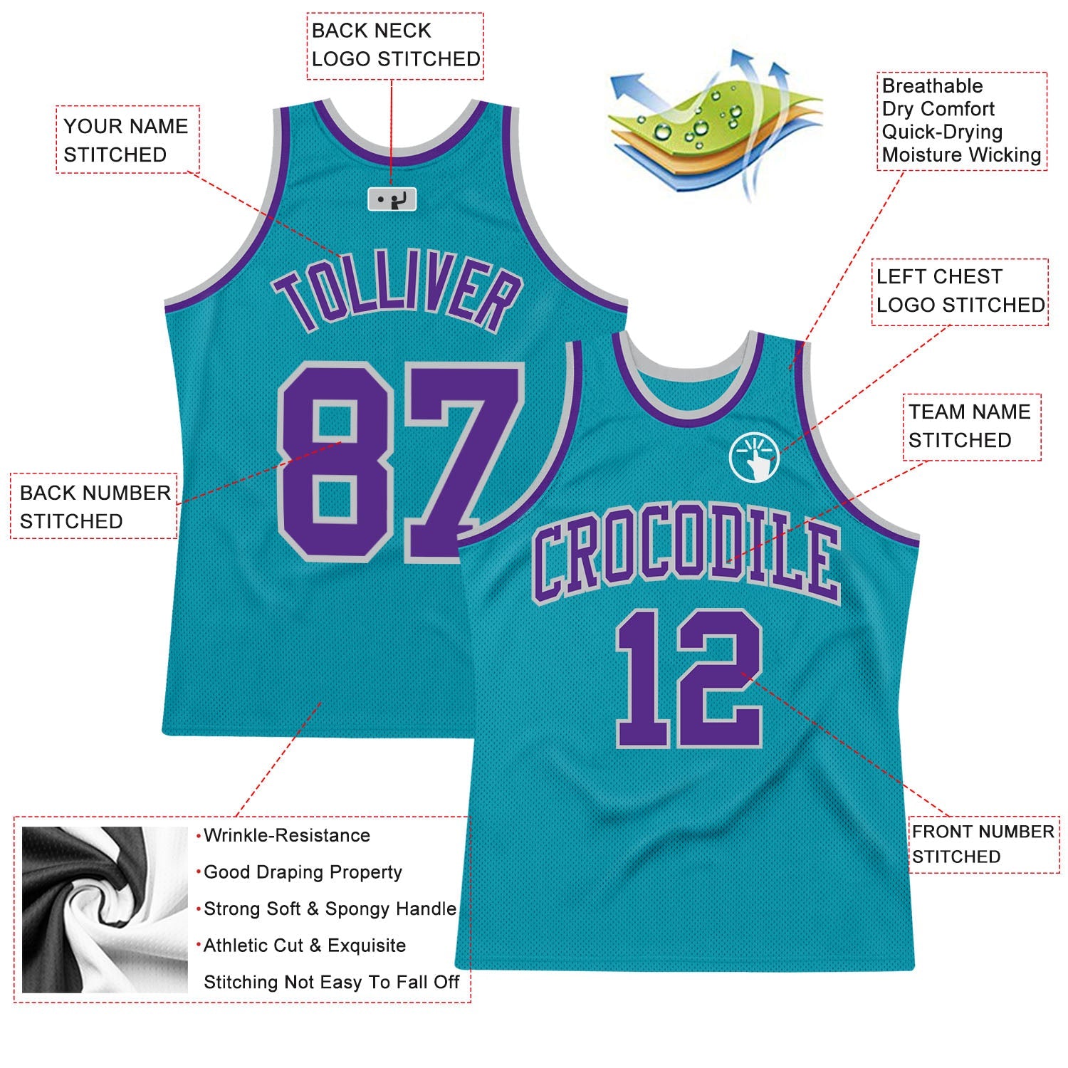 Custom Teal Purple-Gray Authentic Throwback Basketball Jersey view 2