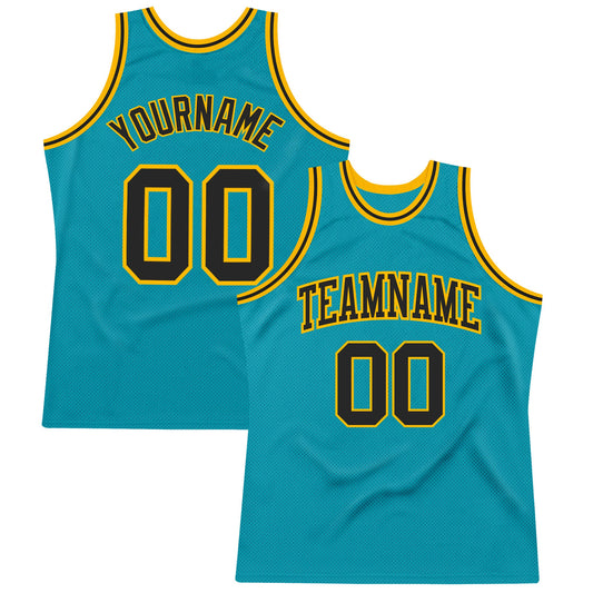 Custom Teal Black-Gold Authentic Throwback Basketball Jersey - Main View