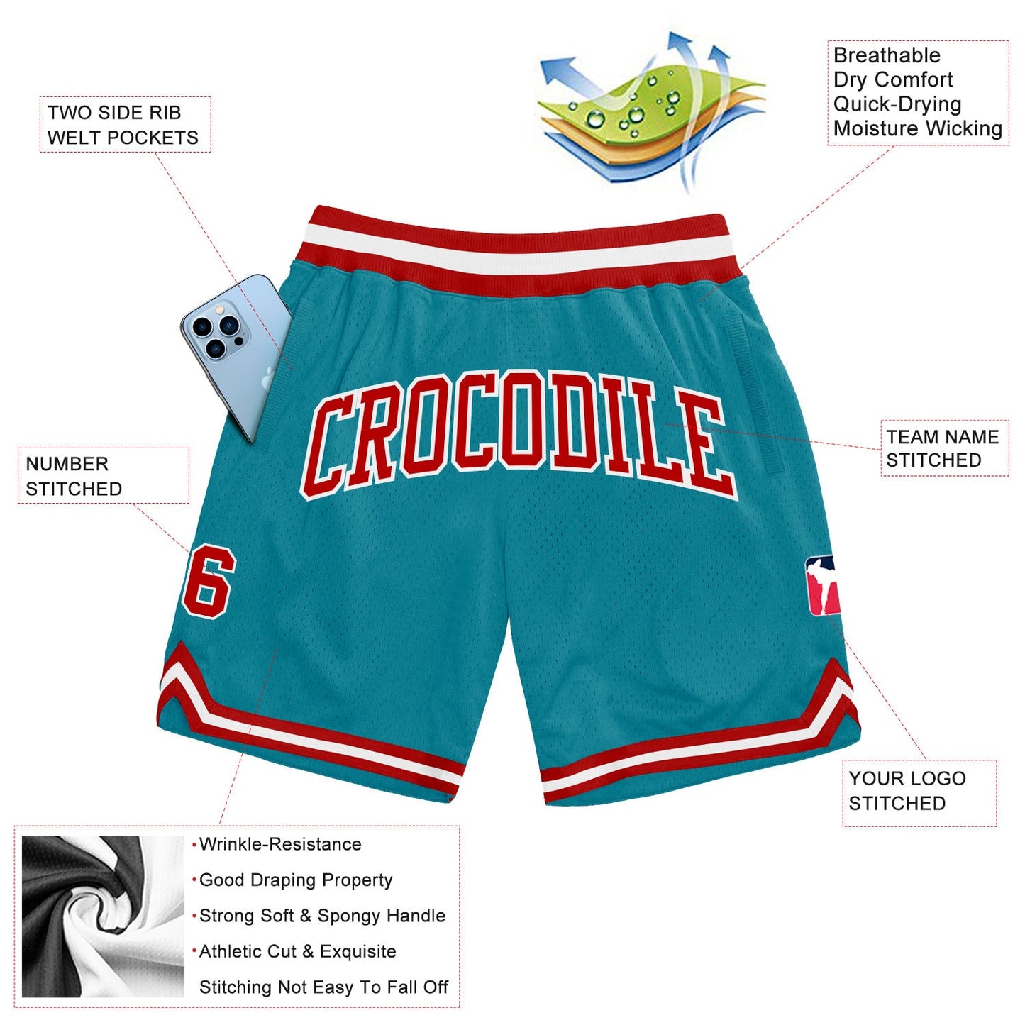 Custom Teal Red-White Authentic Throwback Basketball Shorts view 2