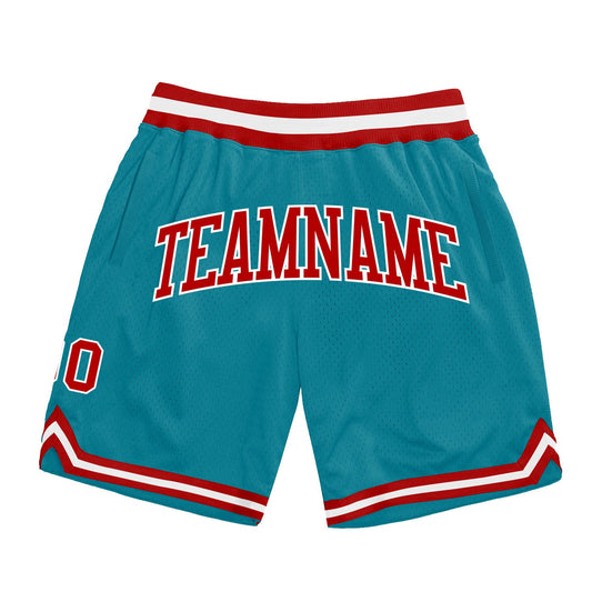 Custom Teal Red-White Authentic Throwback Basketball Shorts - Main View