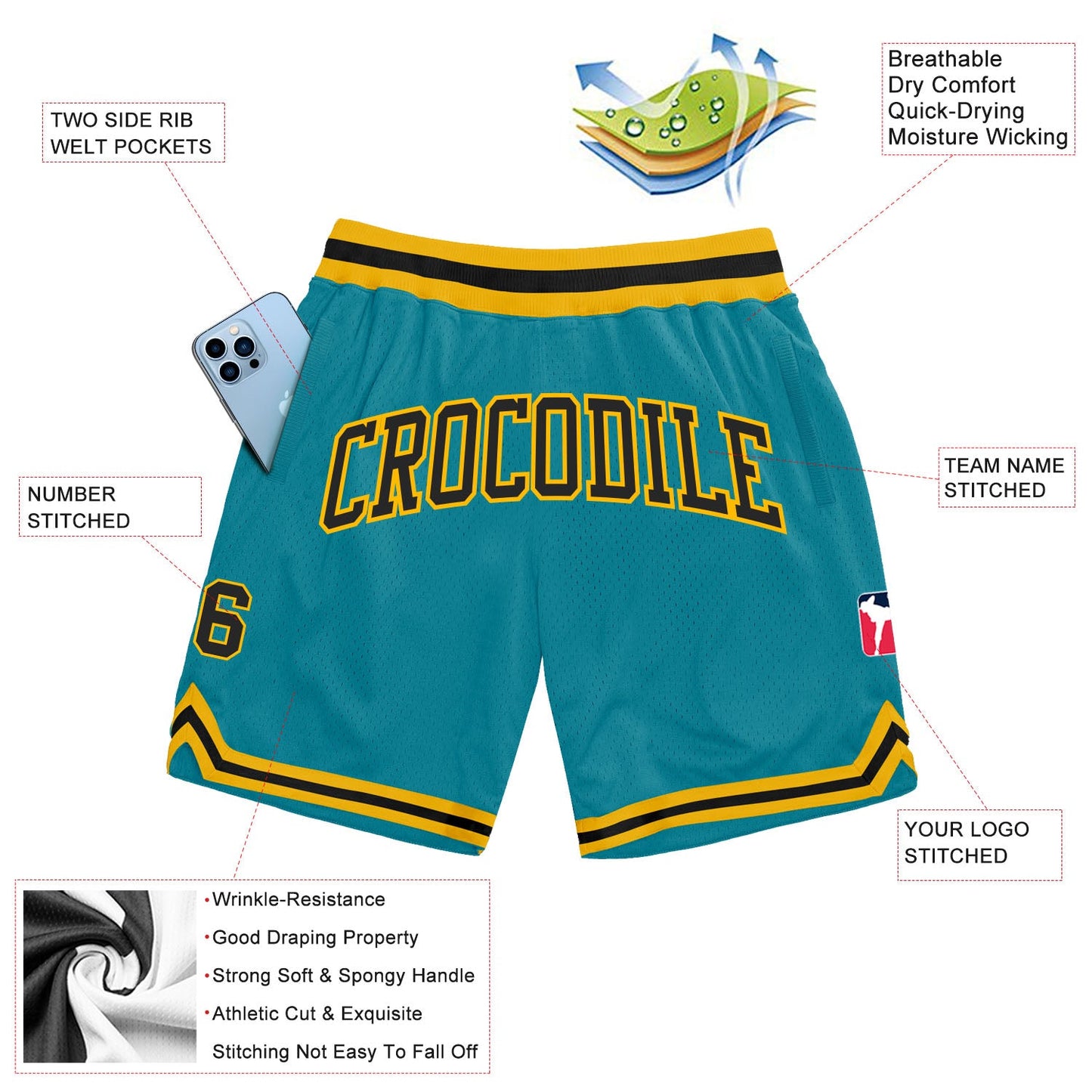 Custom Teal Black-Gold Authentic Throwback Basketball Shorts view 2