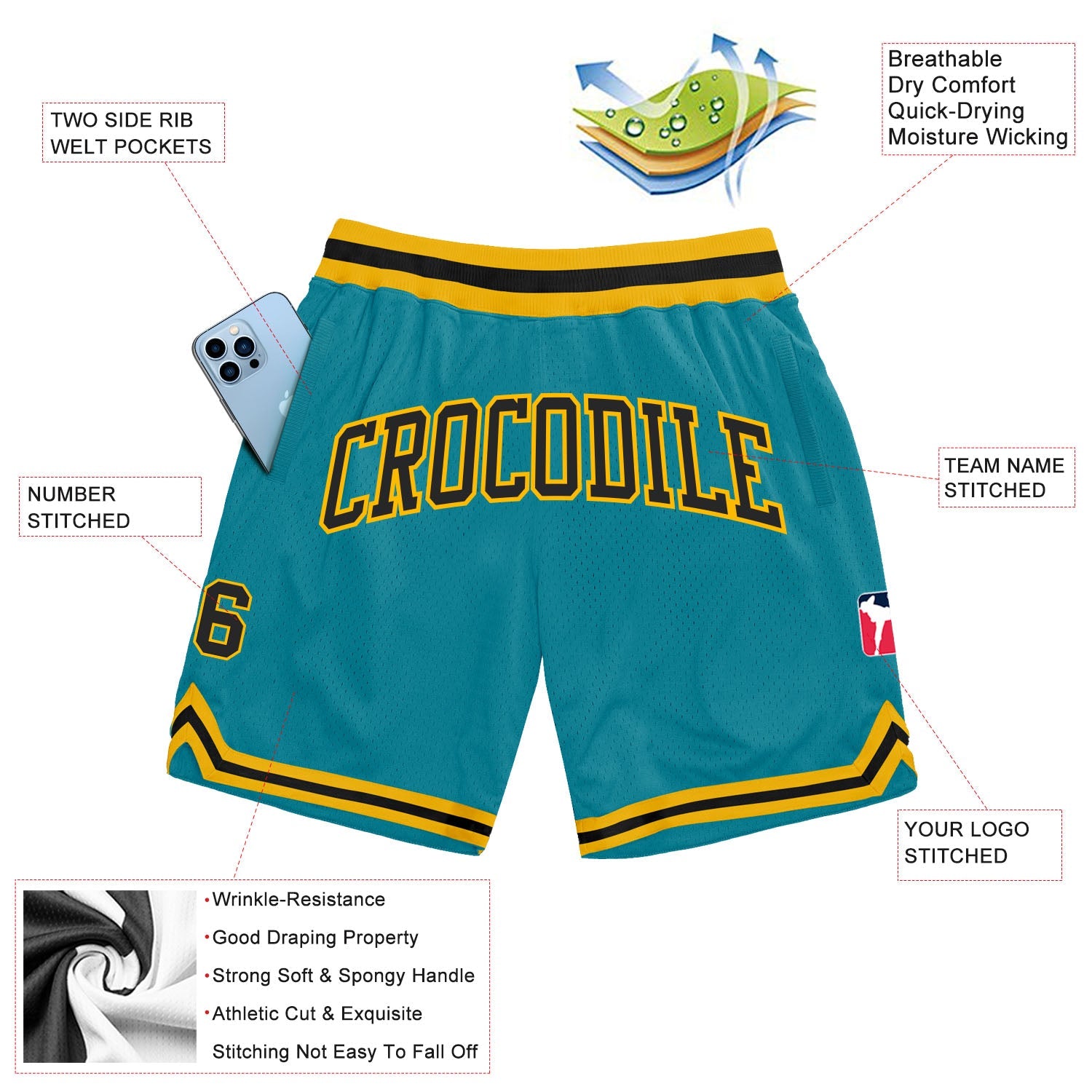 Custom Teal Black-Gold Authentic Throwback Basketball Shorts view 2