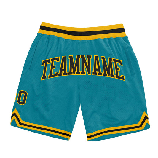 Custom Teal Black-Gold Authentic Throwback Basketball Shorts - Main View