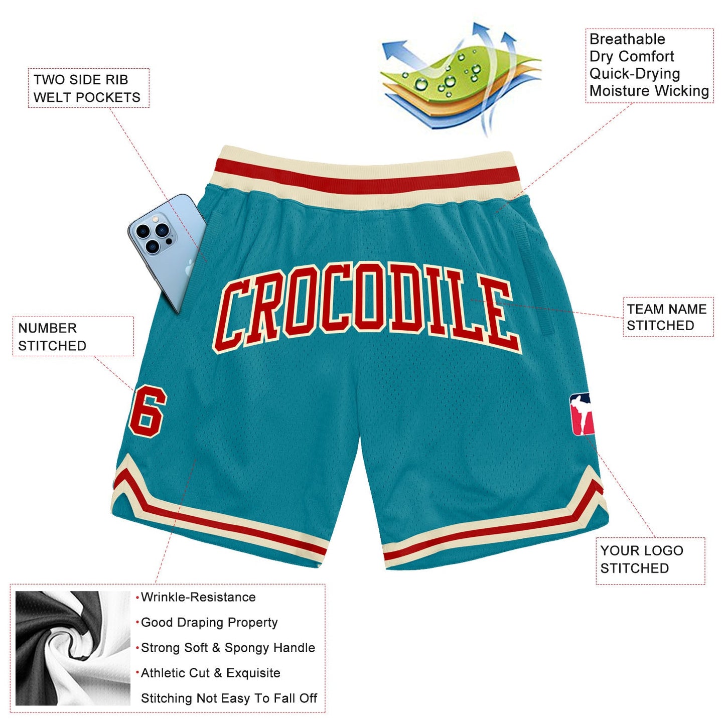 Custom Teal Red-Cream Authentic Throwback Basketball Shorts view 2