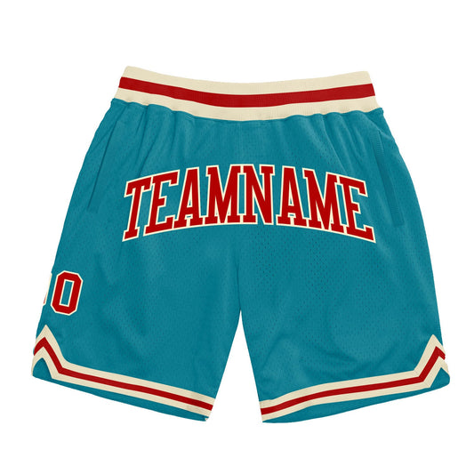 Custom Teal Red-Cream Authentic Throwback Basketball Shorts - Main View