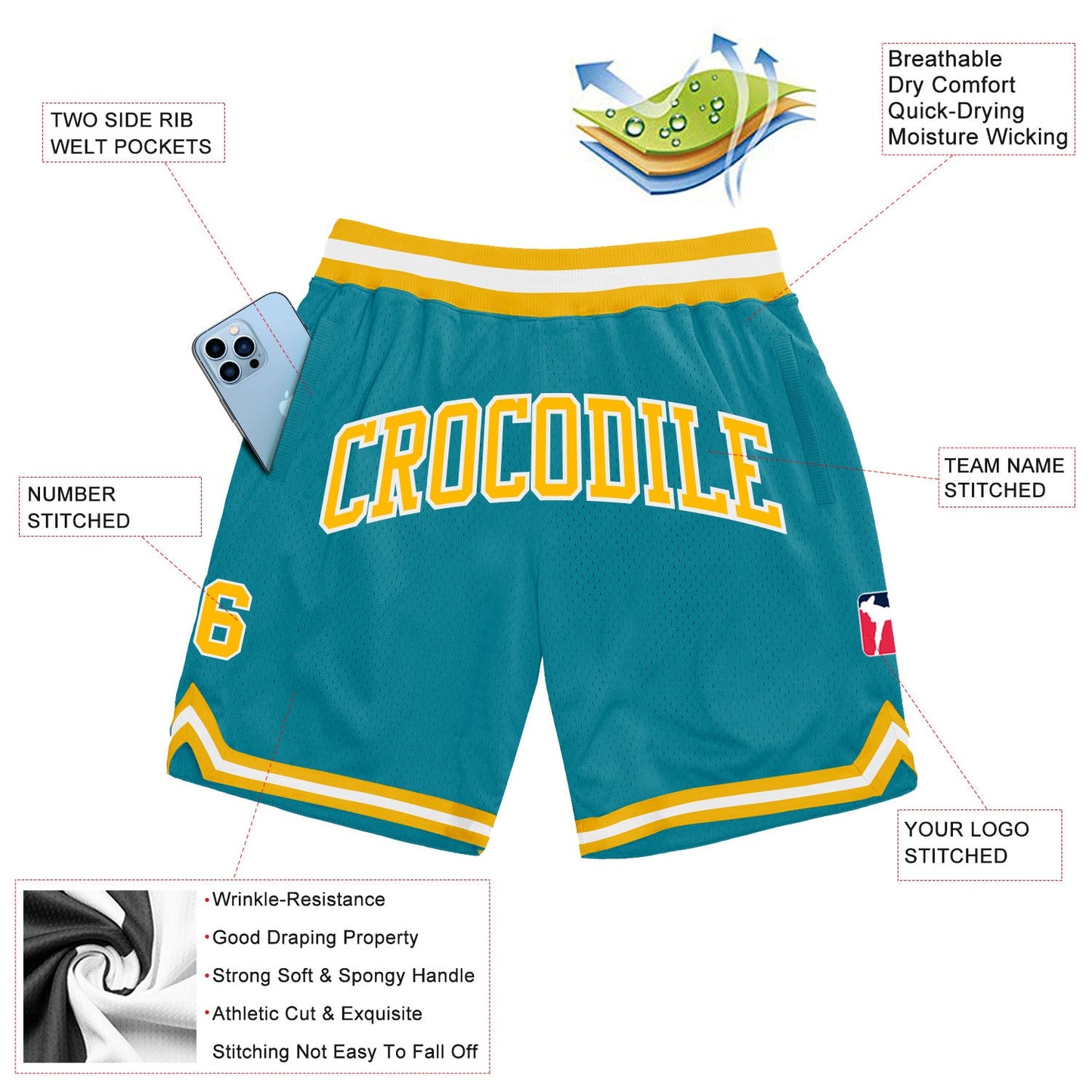 Custom Teal Gold-White Authentic Throwback Basketball Shorts view 2