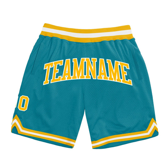 Custom Teal Gold-White Authentic Throwback Basketball Shorts - Main View