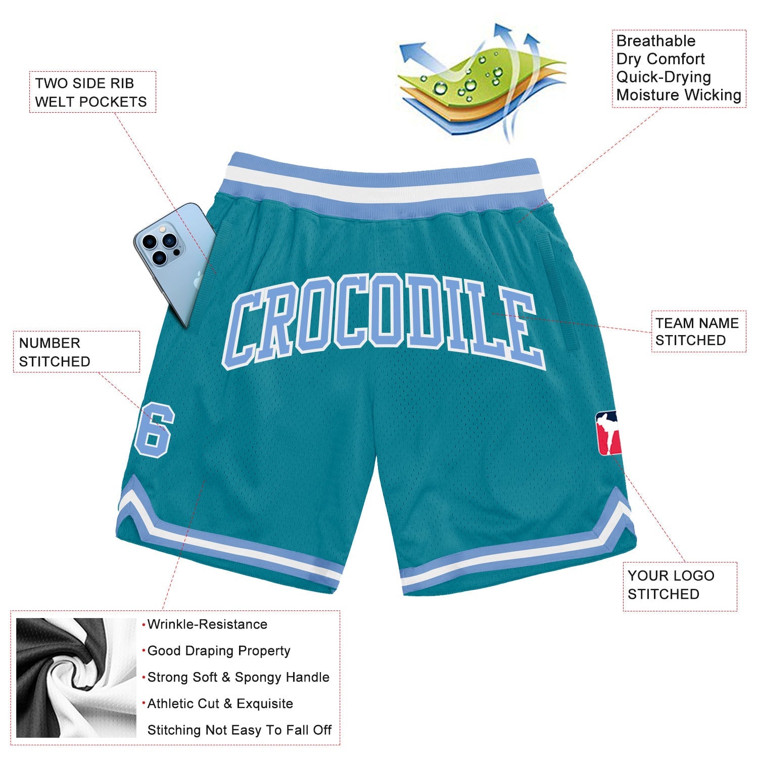 Custom Teal Light Blue-White Authentic Throwback Basketball Shorts view 2