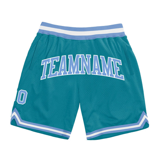 Custom Teal Light Blue-White Authentic Throwback Basketball Shorts - Main View