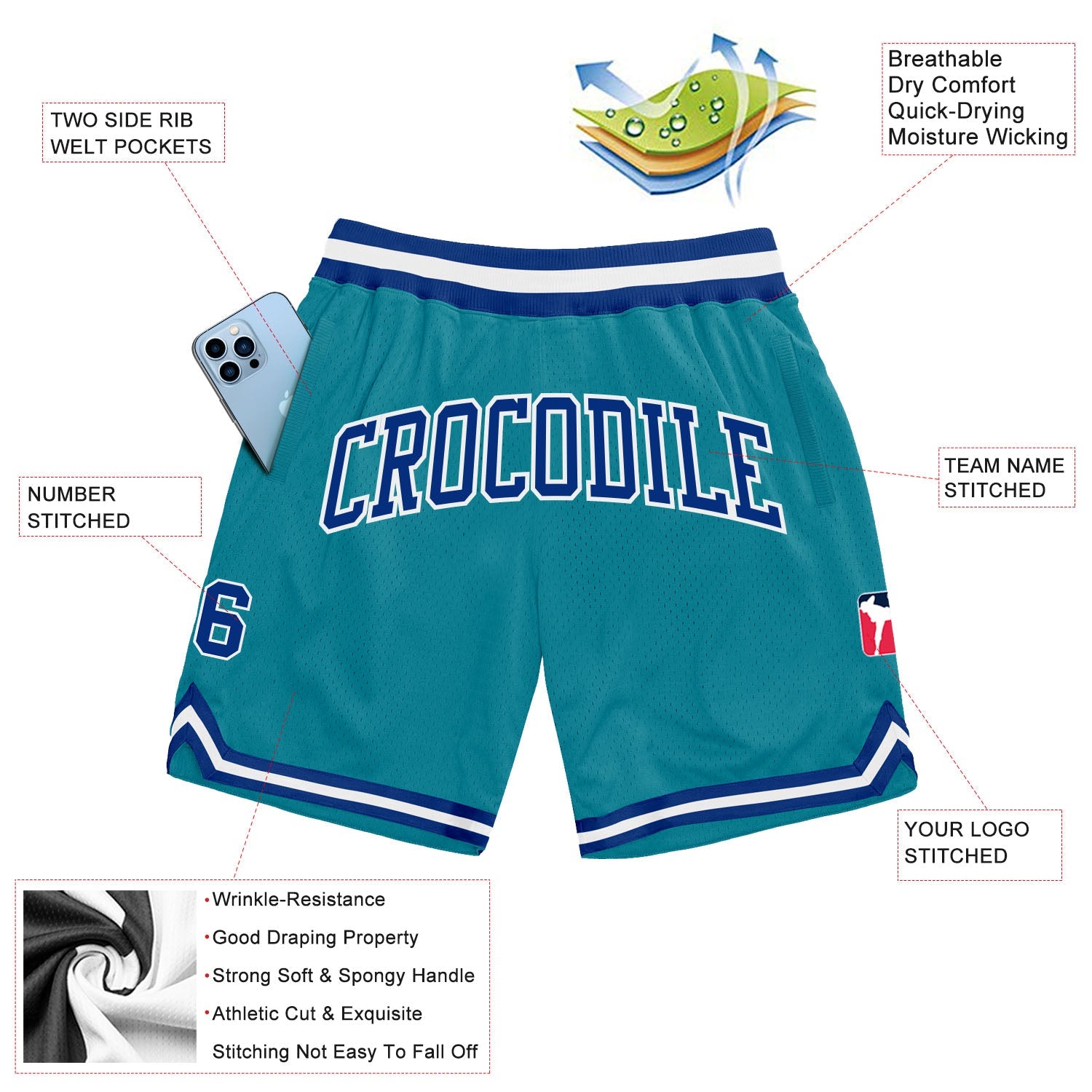 Custom Teal Royal-White Authentic Throwback Basketball Shorts view 2