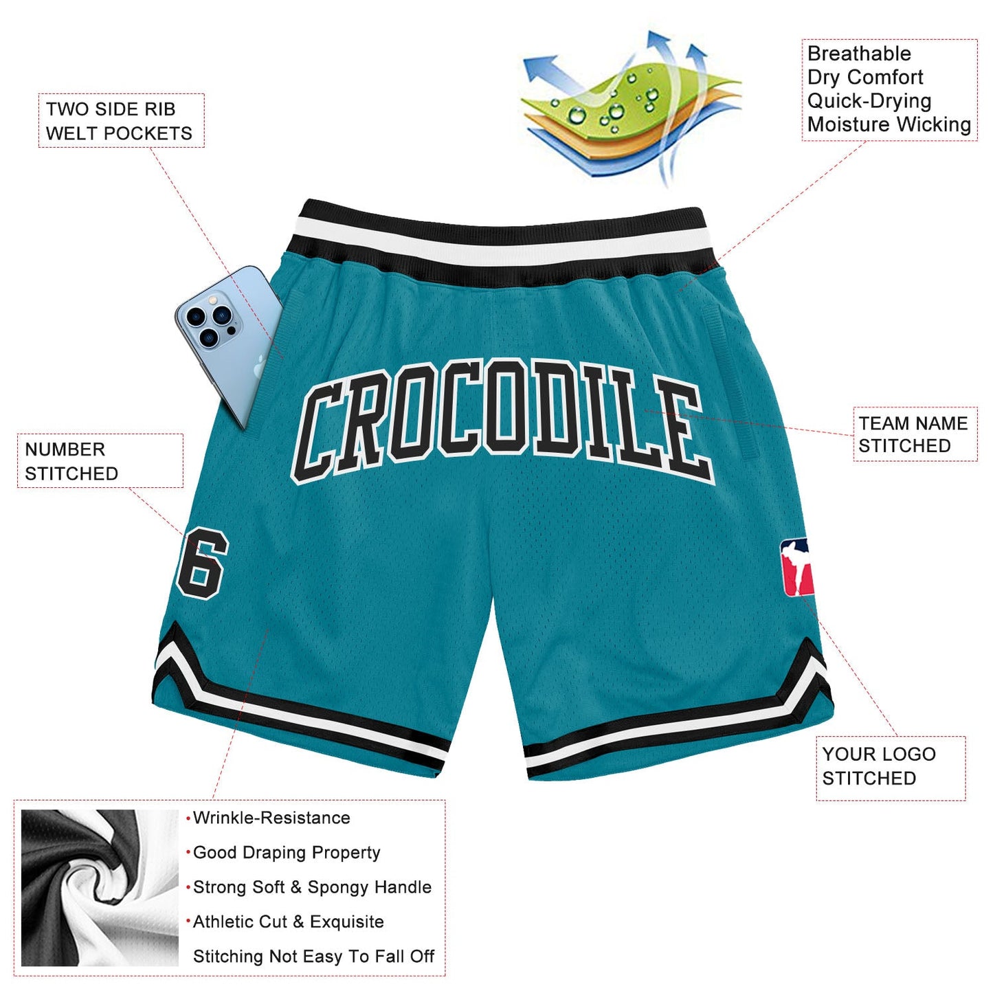 Custom Teal Black-White Authentic Throwback Basketball Shorts view 2