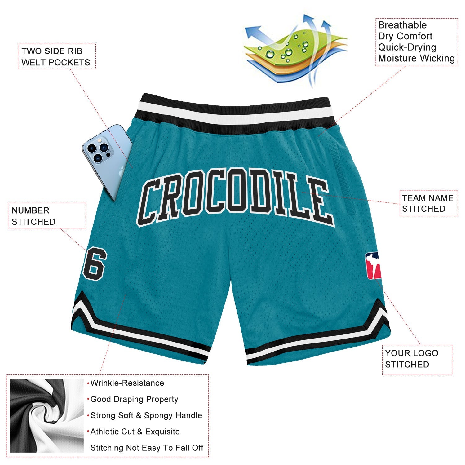 Custom Teal Black-White Authentic Throwback Basketball Shorts view 2