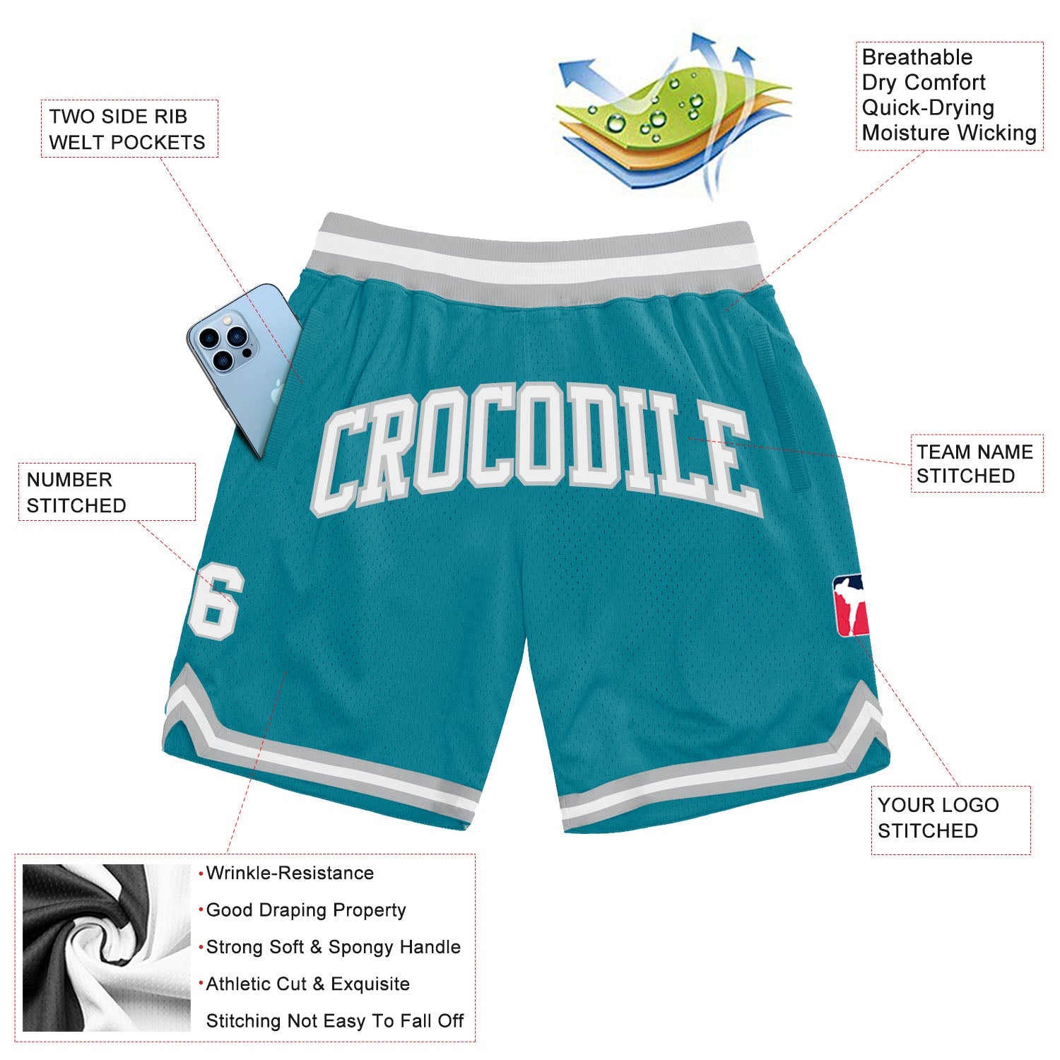 Custom Teal White-Gray Authentic Throwback Basketball Shorts view 2