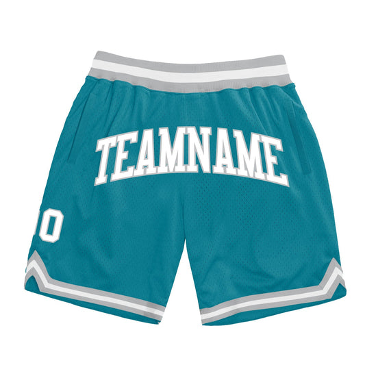 Custom Teal White-Gray Authentic Throwback Basketball Shorts - Main View