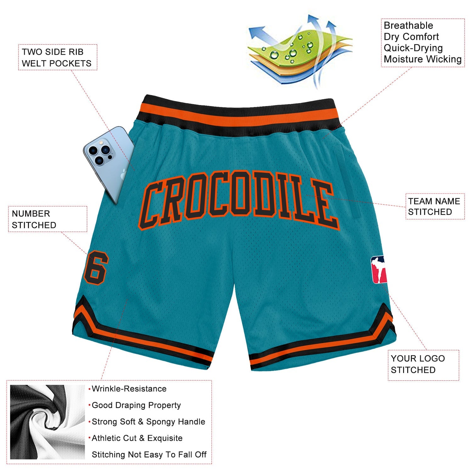 Custom Teal Black-Orange Authentic Throwback Basketball Shorts view 2