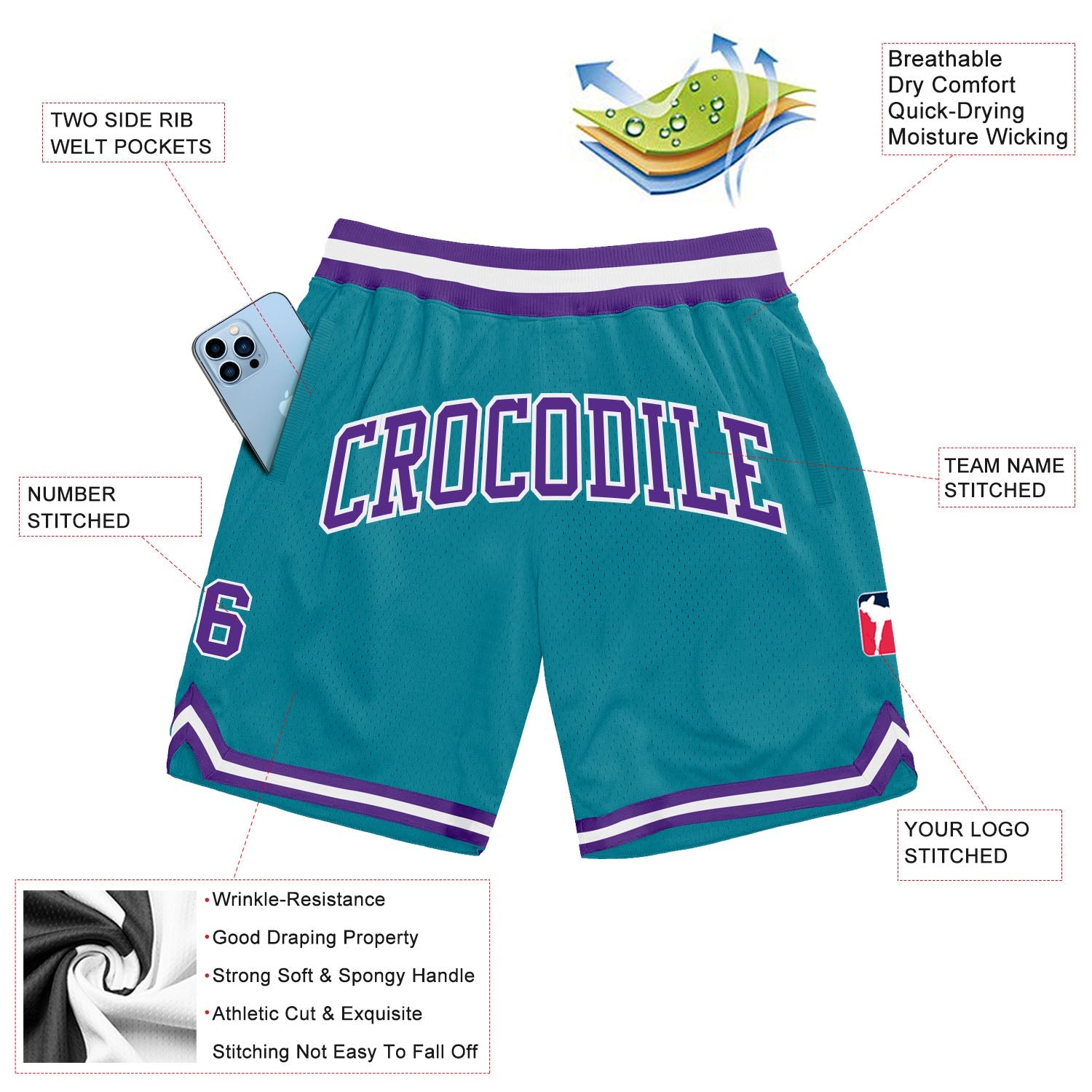 Custom Teal Purple-White Authentic Throwback Basketball Shorts view 2