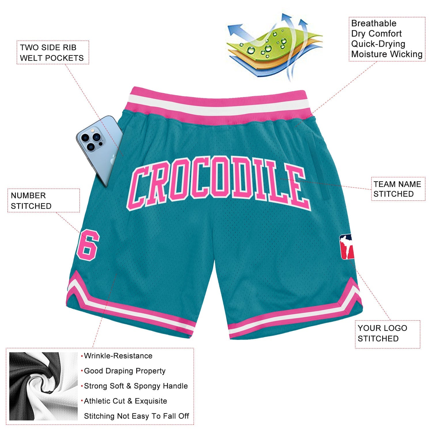 Custom Teal Pink-White Authentic Throwback Basketball Shorts view 2