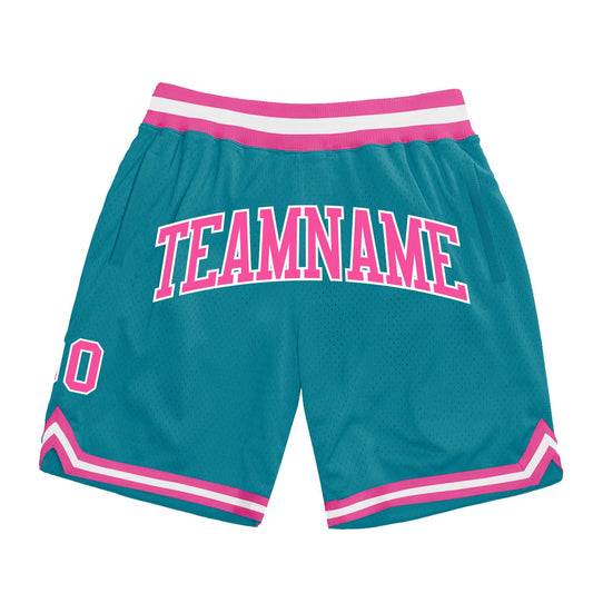 Custom Teal Pink-White Authentic Throwback Basketball Shorts - Main View